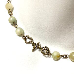 Genuine Mint Green Serpentine Necklace, Bronze Paw Print Heart Beat + Gemstone
